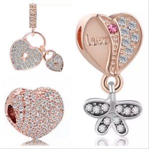 3 Pave Heart Lock Dangle Charm Bundle Set